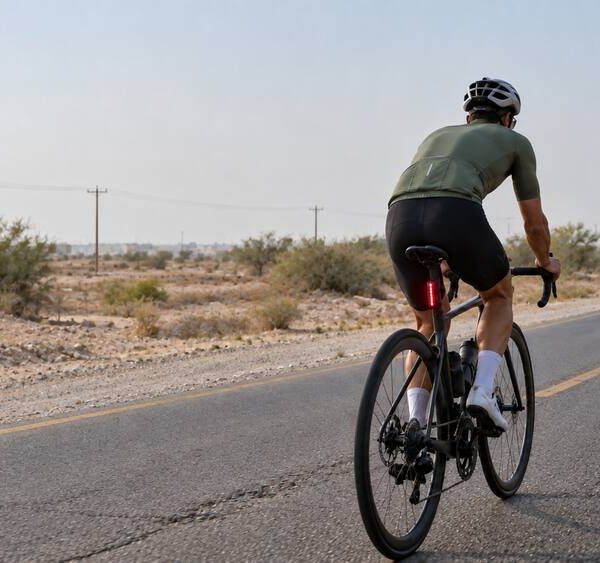 Cyclist using a bike radar taillight on a road in Oman