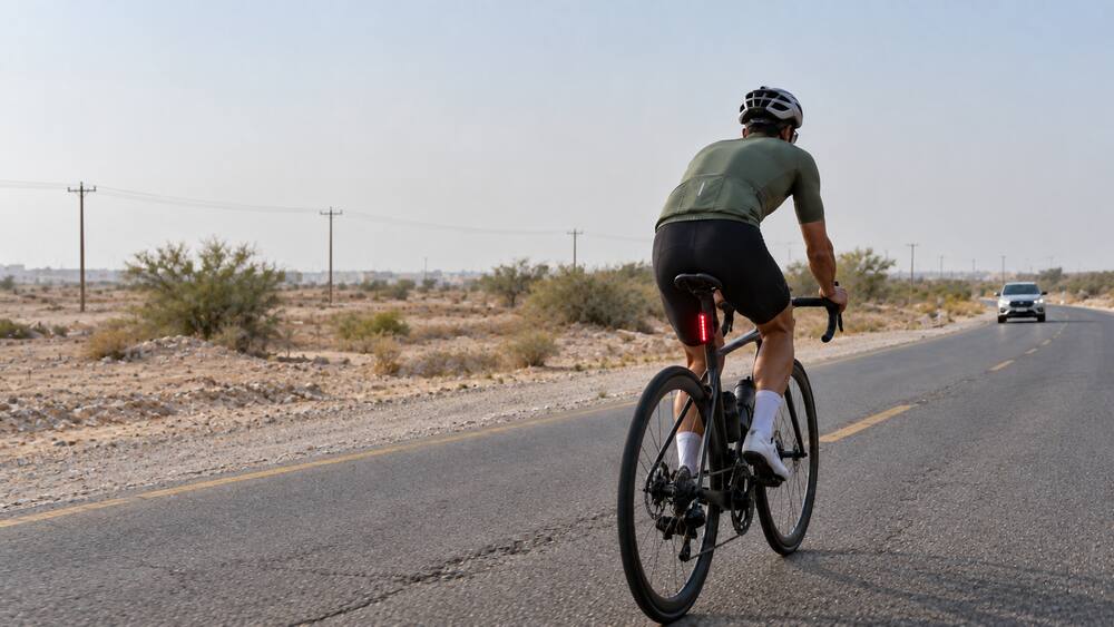 Cyclist using a bike radar taillight on a road in Oman