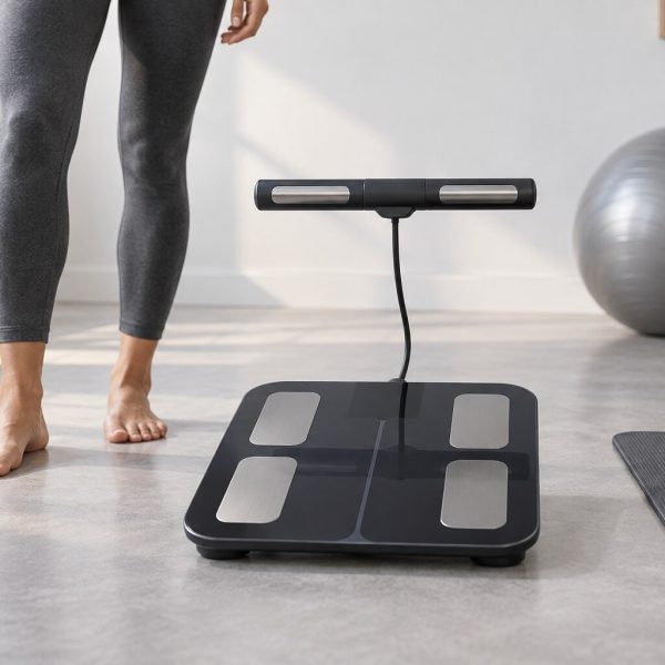 Body composition analyzer with hand and foot sensors in a home fitness studio