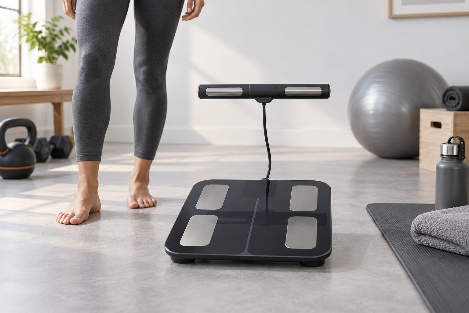 Body composition analyzer with hand and foot sensors in a home fitness studio