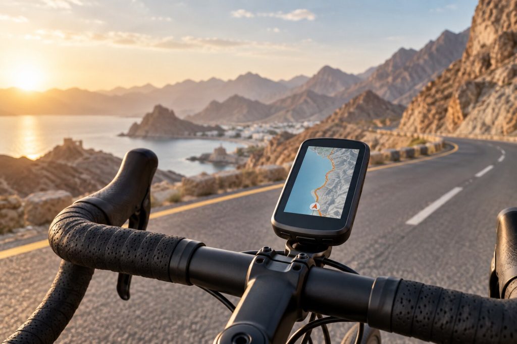 GPS bike computer mounted on a road bicycle in the mountains of Oman