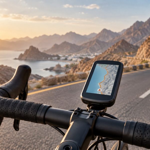 GPS bike computer mounted on a road bicycle in the mountains of Oman