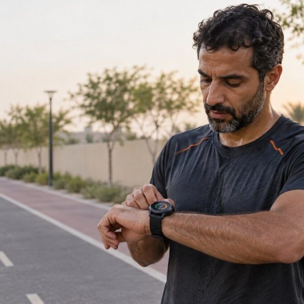 Athlete checking sports watch recovery metrics after training in Muscat, Oman