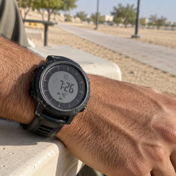 Illustration of a rugged solar sports watch worn outdoors beside a simple walking path