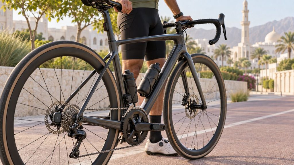 Road cyclist checking a bike speed sensor and cadence sensor on a bicycle in Muscat, Oman