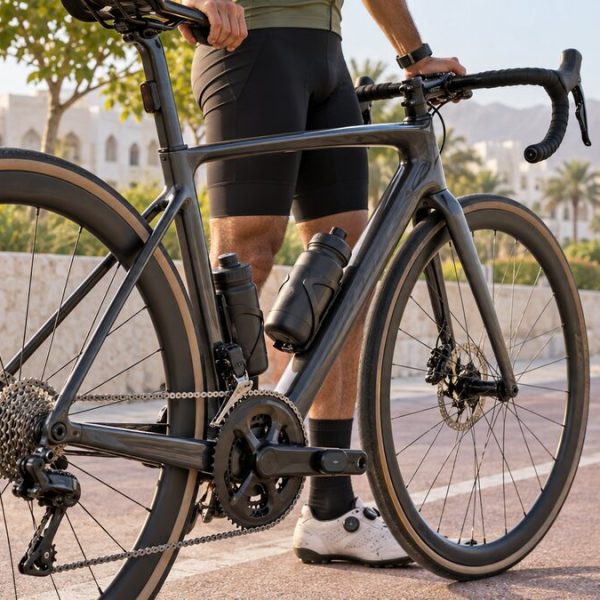 Road cyclist checking a bike speed sensor and cadence sensor on a bicycle in Muscat, Oman