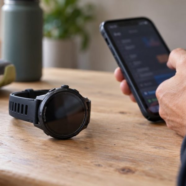 Illustration of a COROS running watch beside a phone while preparing an interval workout