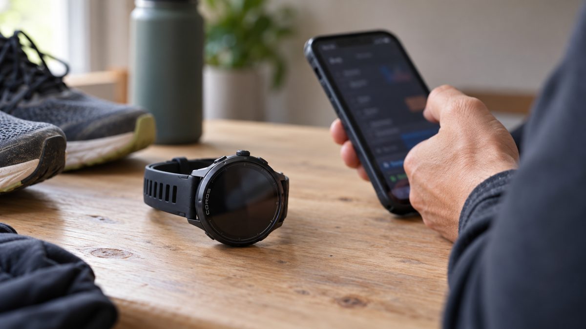 Illustration of a COROS running watch beside a phone while preparing an interval workout