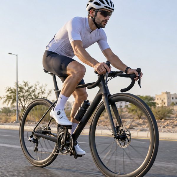 Cyclist testing a power meter in Muscat, Oman