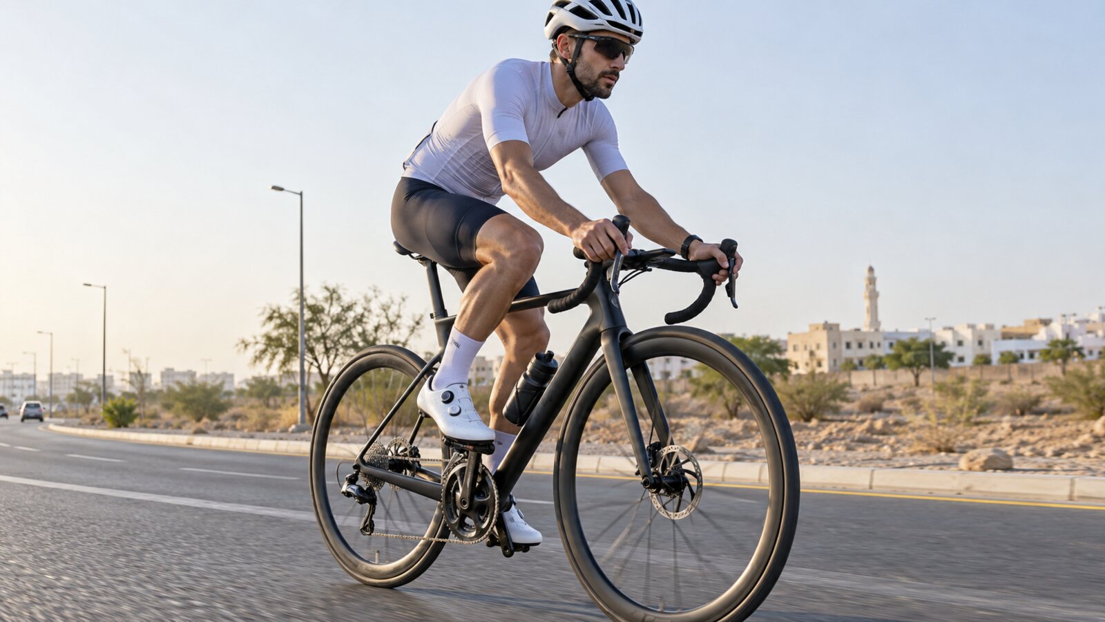 Cyclist testing a power meter in Muscat, Oman