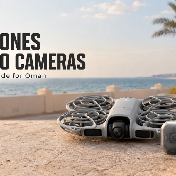 DJI Neo 2 drone and Osmo Nano camera in an illustrated Atlas Tech Sport guide to filming in Oman