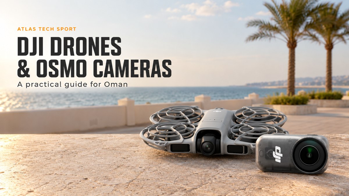 DJI Neo 2 drone and Osmo Nano camera in an illustrated Atlas Tech Sport guide to filming in Oman