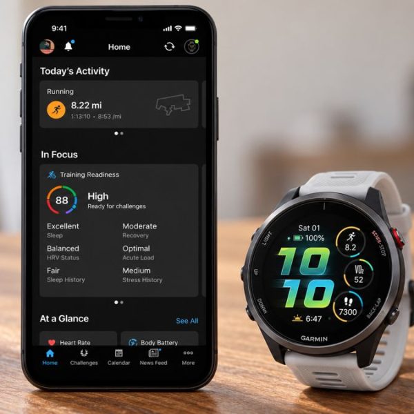 Garmin Connect app displayed on a phone beside a Garmin Forerunner 970 watch