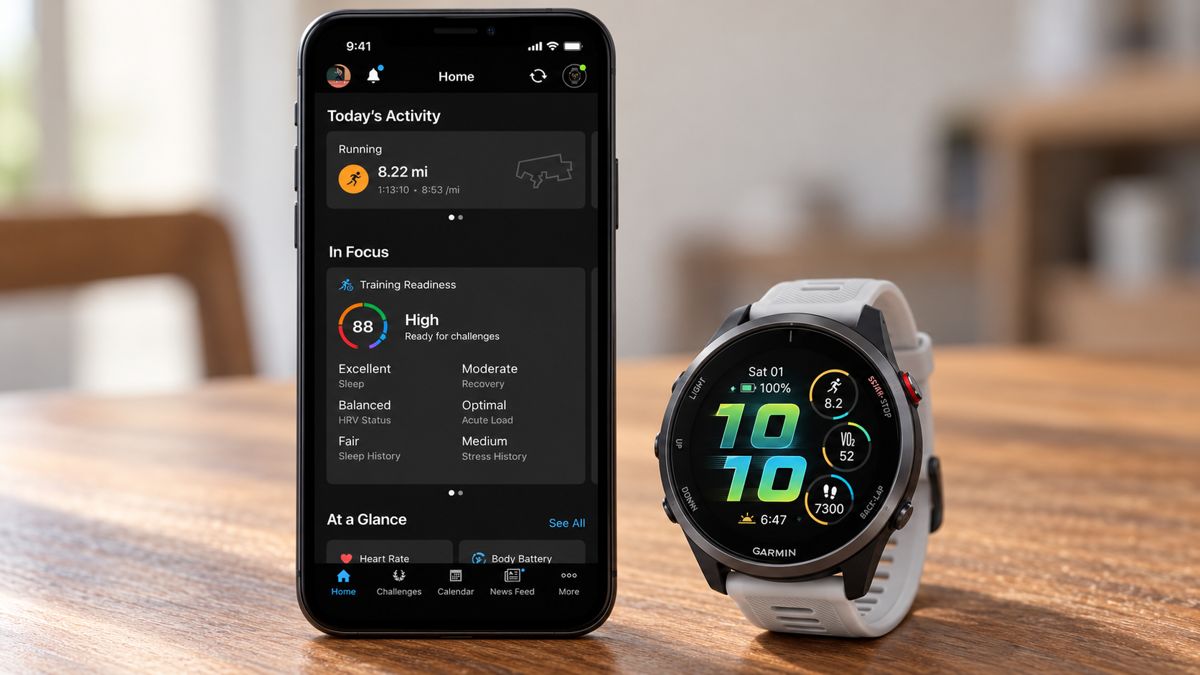 Garmin Connect app displayed on a phone beside a Garmin Forerunner 970 watch