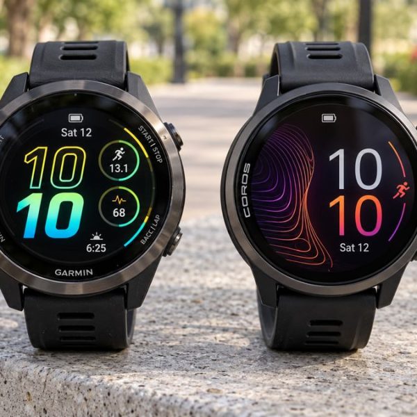 Garmin and COROS running watches side by side