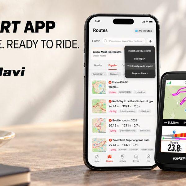 Illustrative composition of the iGPSPORT app Routes screen on a smartphone beside a BiNavi cycling computer