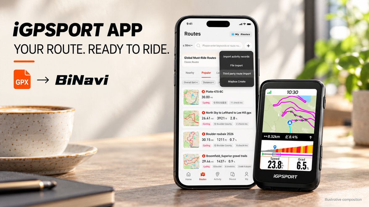 Illustrative composition of the iGPSPORT app Routes screen on a smartphone beside a BiNavi cycling computer
