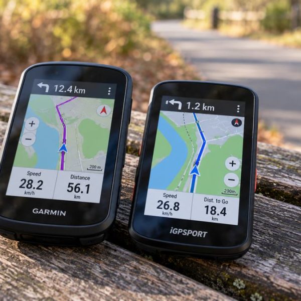 Garmin and iGPSPORT GPS cycling computers displayed side by side on a wooden bench.