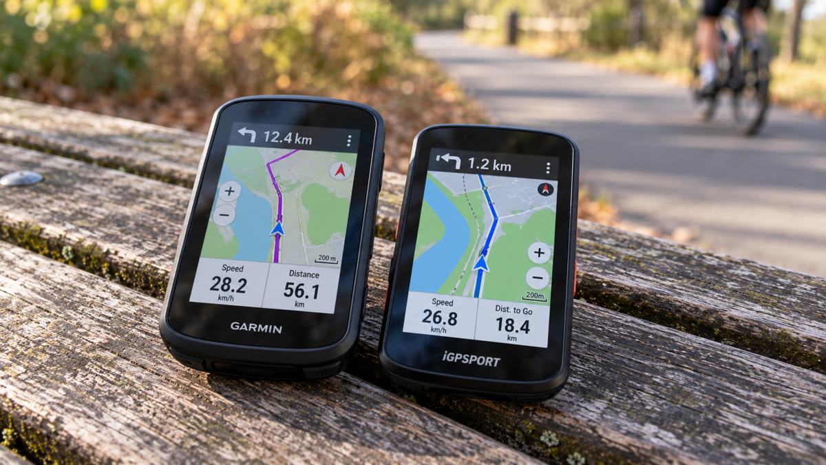 Garmin and iGPSPORT GPS cycling computers displayed side by side on a wooden bench.