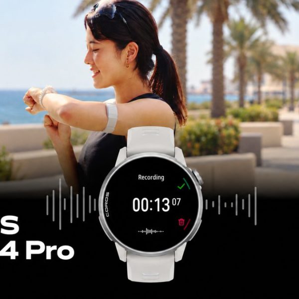COROS PACE 4 Pro voice recording display beside a female athlete in an illustrative Muscat waterfront setting