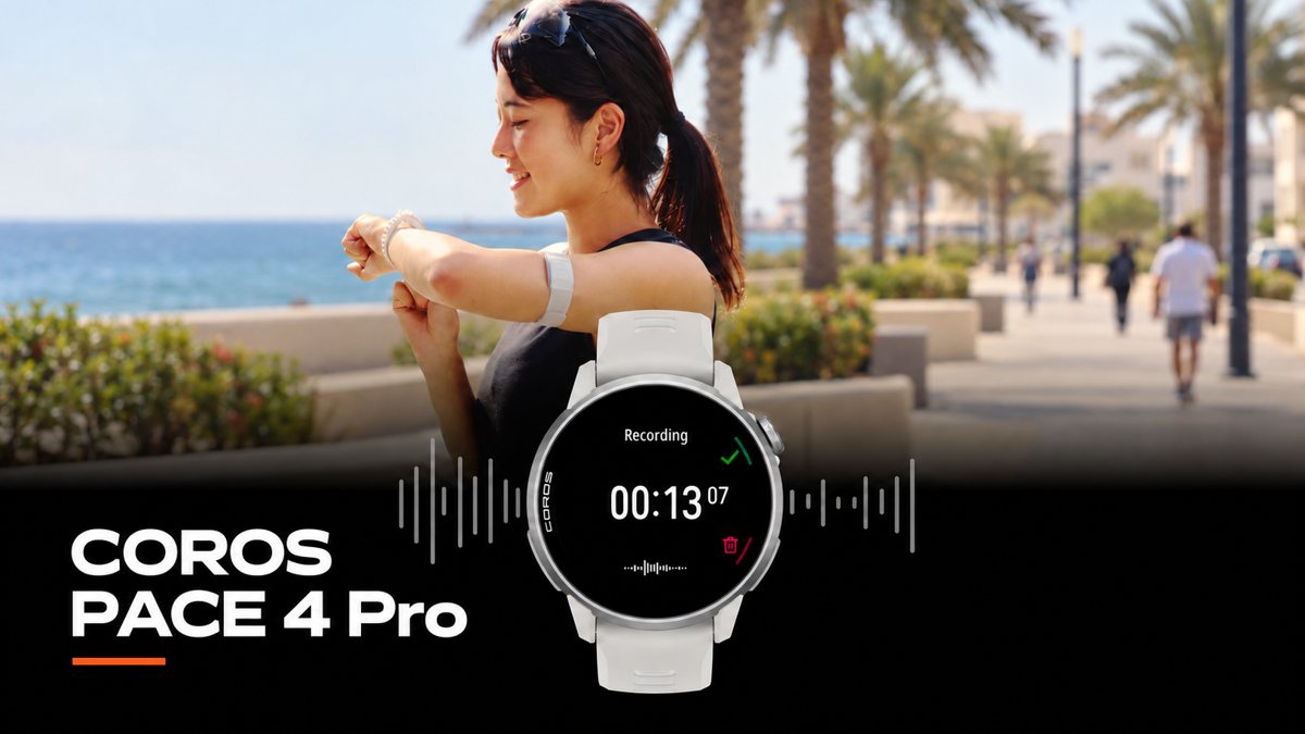 COROS PACE 4 Pro voice recording display beside a female athlete in an illustrative Muscat waterfront setting