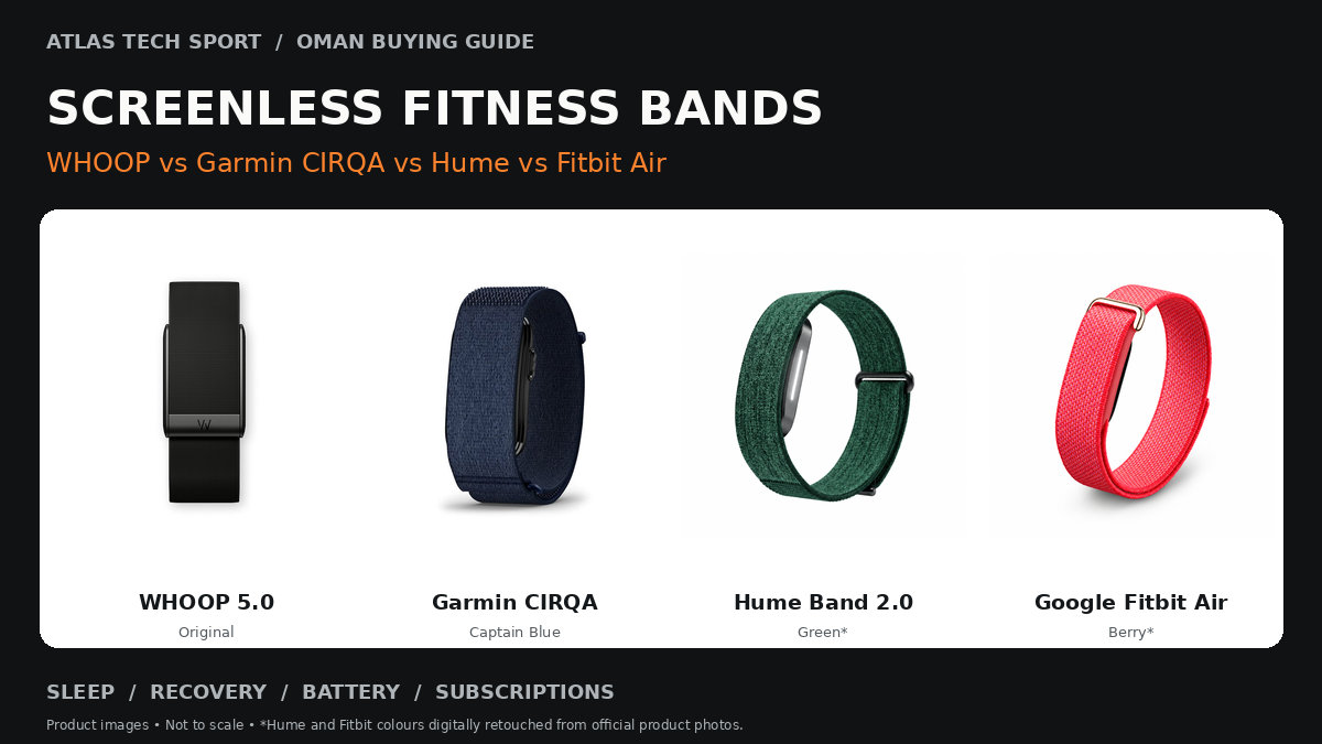 WHOOP 5.0, Garmin CIRQA, Hume Band 2.0 and Google Fitbit Air side by side; Hume and Fitbit colours digitally retouched.