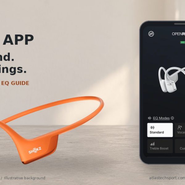 Orange Shokz OpenRun Pro 2 headphones beside the official Shokz app EQ screen