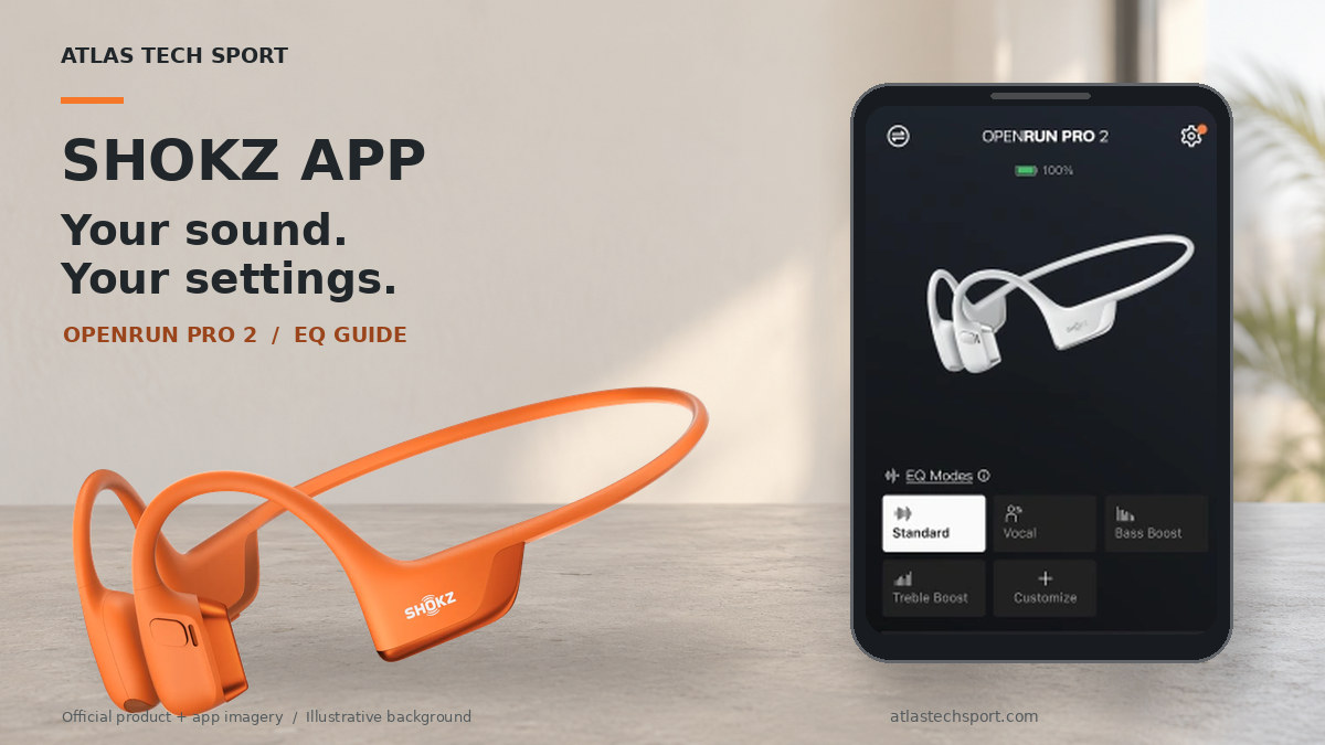 Orange Shokz OpenRun Pro 2 headphones beside the official Shokz app EQ screen