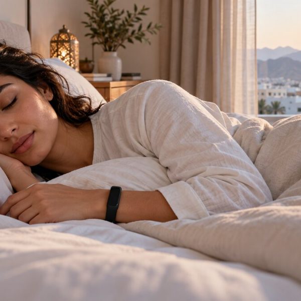 Person wearing a health band during sleep in Oman
