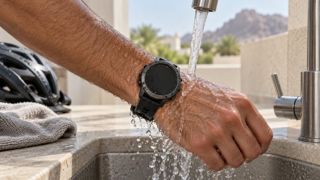 Sports watch being rinsed after a sweaty ride in Oman