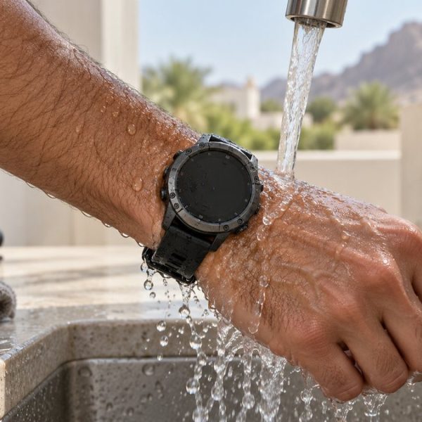 Sports watch being rinsed after a sweaty ride in Oman