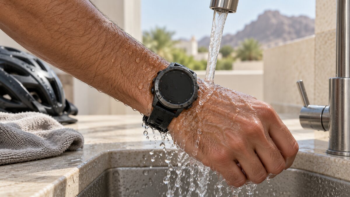 Sports watch being rinsed after a sweaty ride in Oman